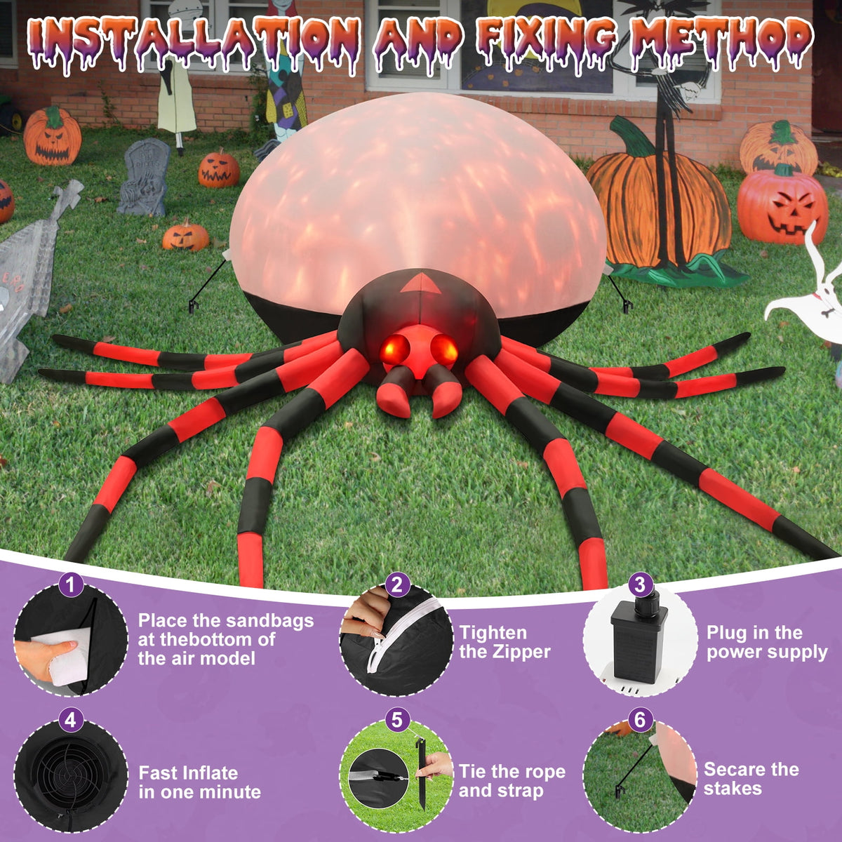 Yexmas 8FT Halloween Inflatables Outdoor Decorations Giant Spider Decorations with LED Lights and Air Pump Blow up Inflatable Green