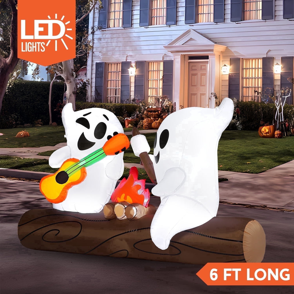 Joyfy 5ft Halloween Inflatables Light up Cute Ghost,Blow Up Ghost Lift Pumpkin Candy Bag with Build-in LEDs for Yard Decorations