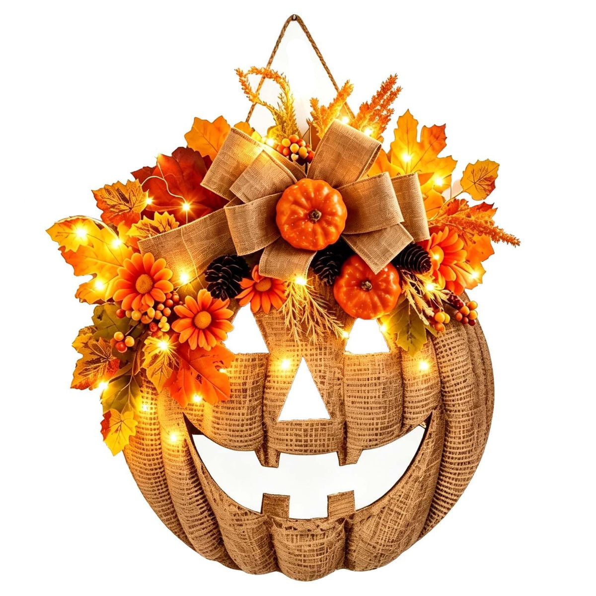 13.78 Inch Lighted Pumpkin Wreath with LED Lights, Fall Front Door Decor, Halloween Thanksgiving Autumn Wreath for Porch Farmhouse Home Decoration