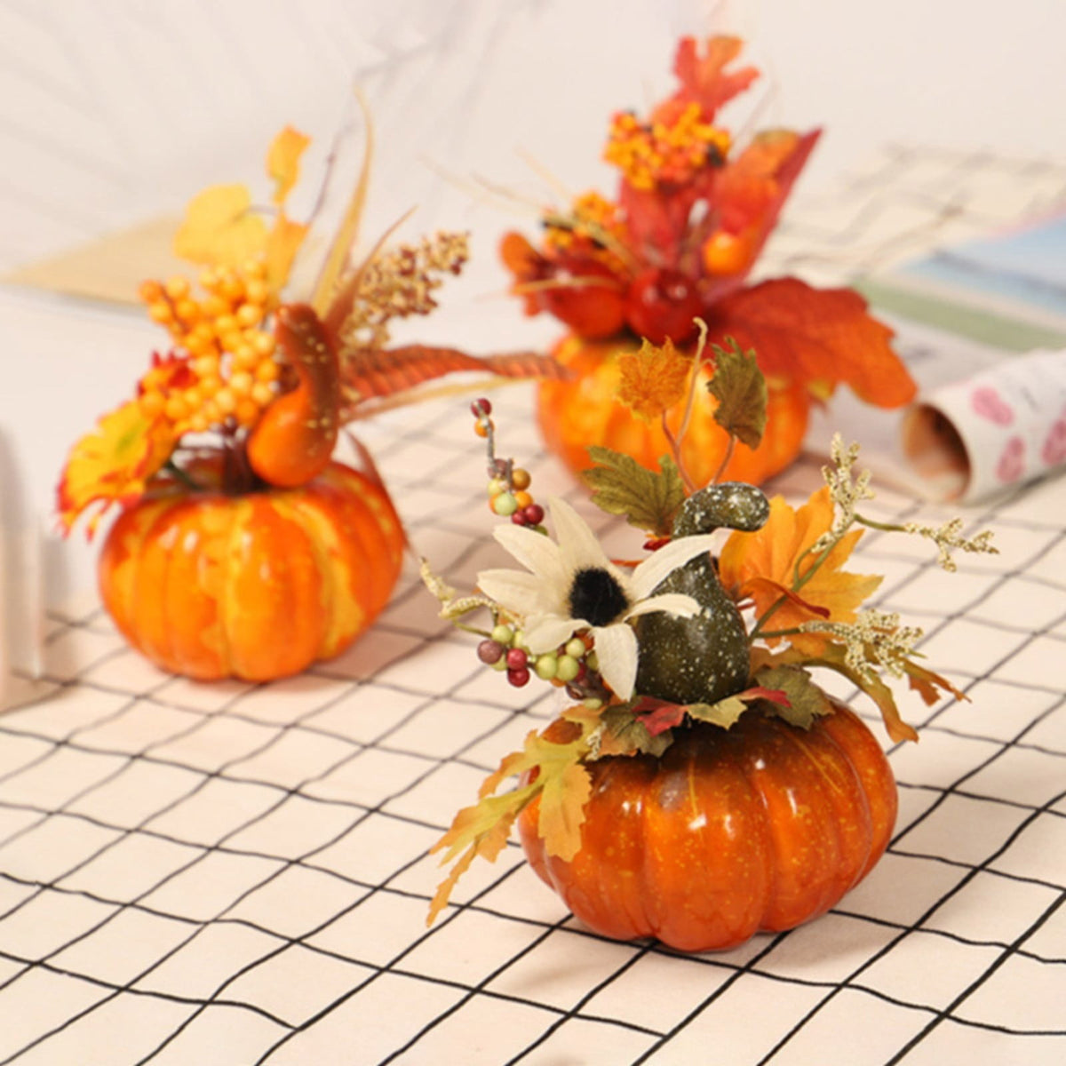 Artificial Pumpkin Outdoor Fall Decorations for Halloween & Thanksgiving, Autumn Harvest Pumpkins, Maple & Pomegranate Decor for Porch and Yard
