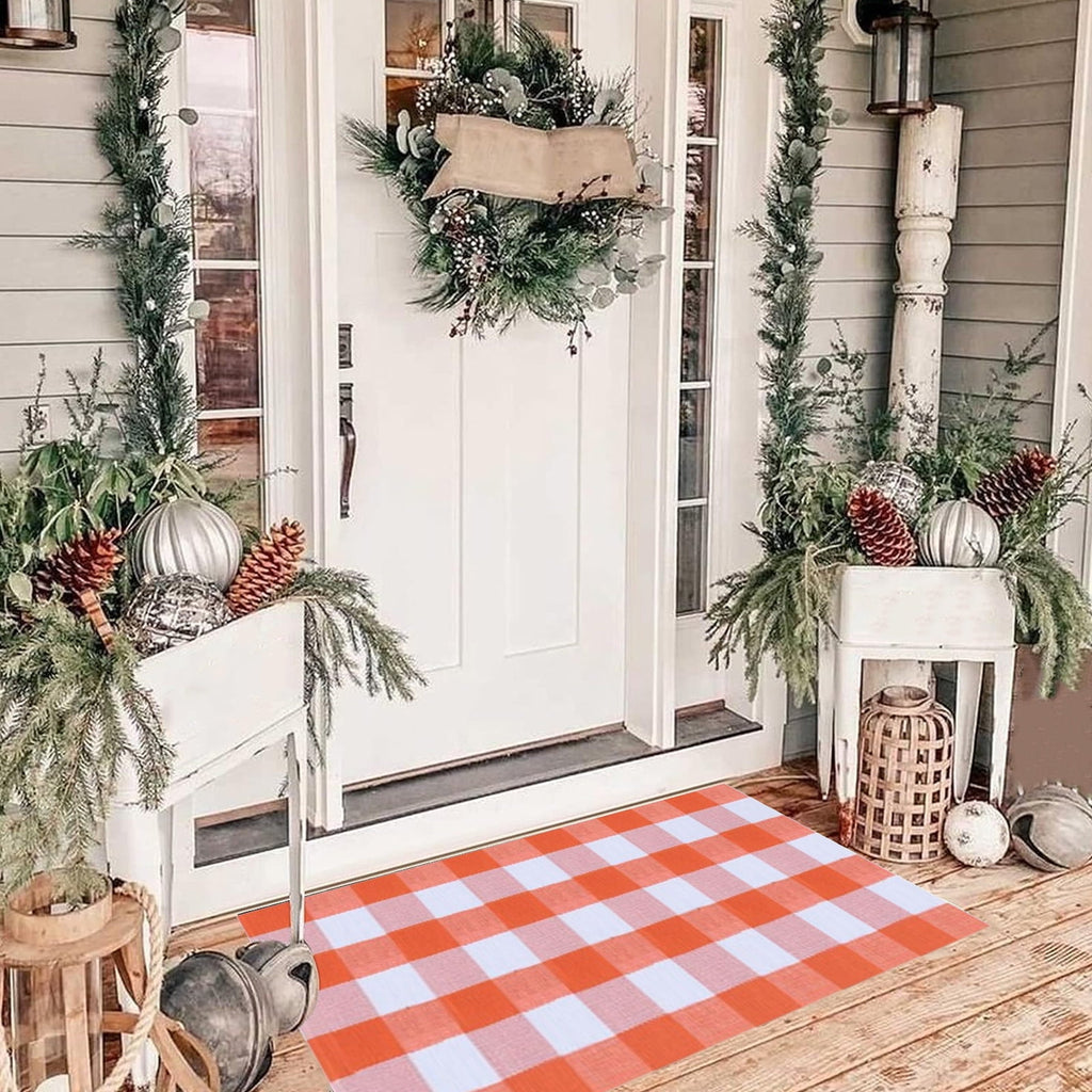 Sunshinehomely Buffalo Plaid Outdoor Rug, Fall Decor Front Door Mat, Layered Welcome Door Mat, Halloween Fall Thanksgiving Front Porch Entryway Farmhouse Decor Floor Mat