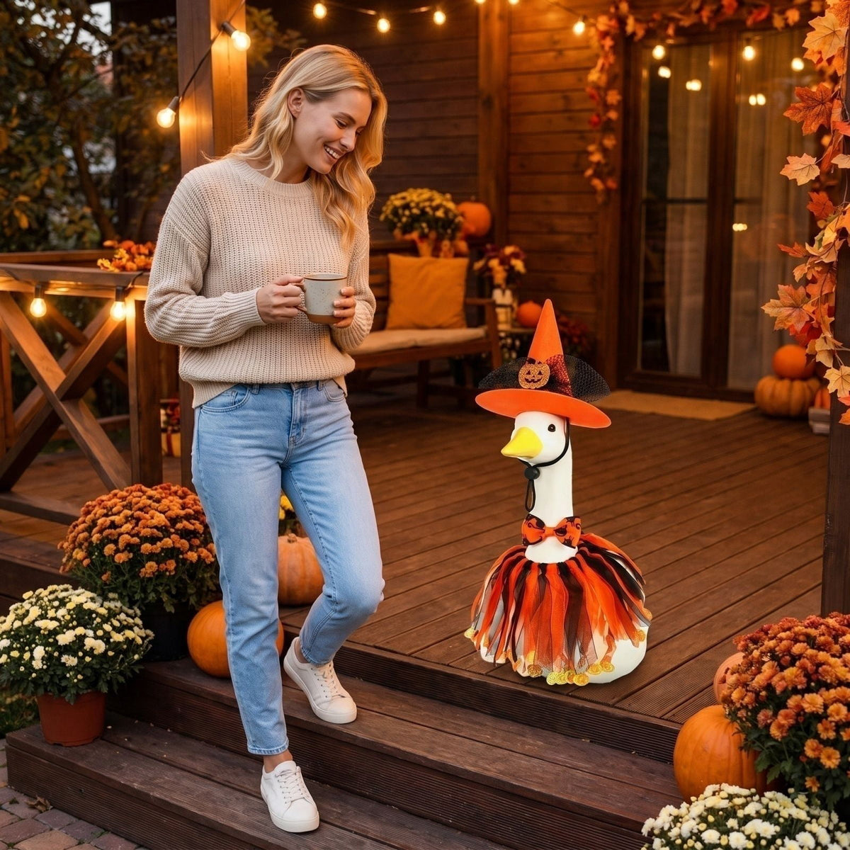 Halloween Garden Porch Decor, Porch Goose Outfits Halloween, 23 Inch Porch Goose Outfits, Witch Dress and Hat Set, Fits 23X11X26 Inch Standing Plush Goose for Front Porch Lawn