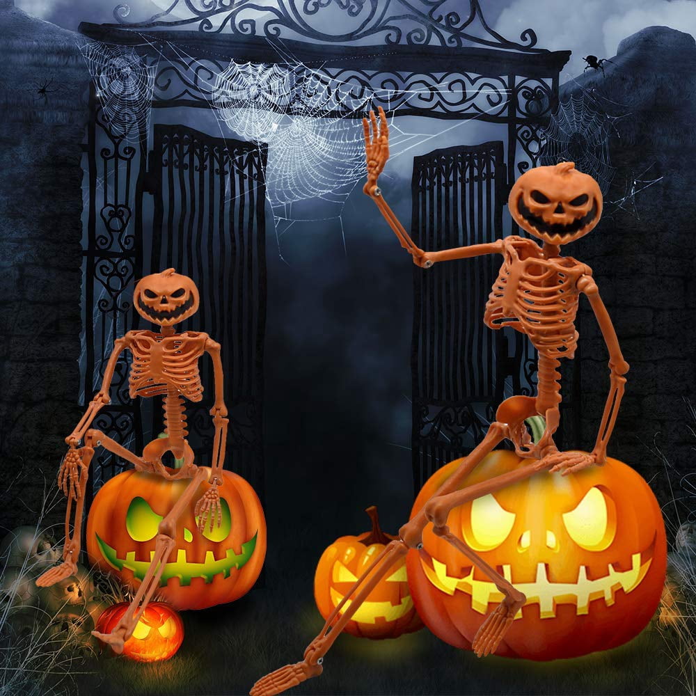 TETOU Halloween Pumpkin Skeleton Decorations with Posable Joints Skeletons for Party Haunted House Props Decorations, 2 Packs