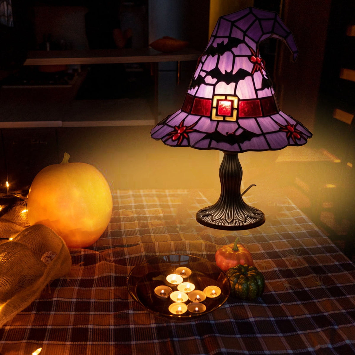 BZPIZ Witch Hat Lamp Handcrafted Retro Resin Stained Witch Hat Desk Lamp Halloween Home Decor Gothic Wizard Hats Night Light for Bedroom & Bookshelf