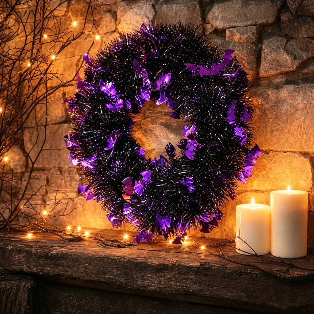 WWC Halloween Wreath, Artificial Silk Bats And Skulls Wreath, Gothic Halloween Decor for Fall Party Front Door Porch Mantel