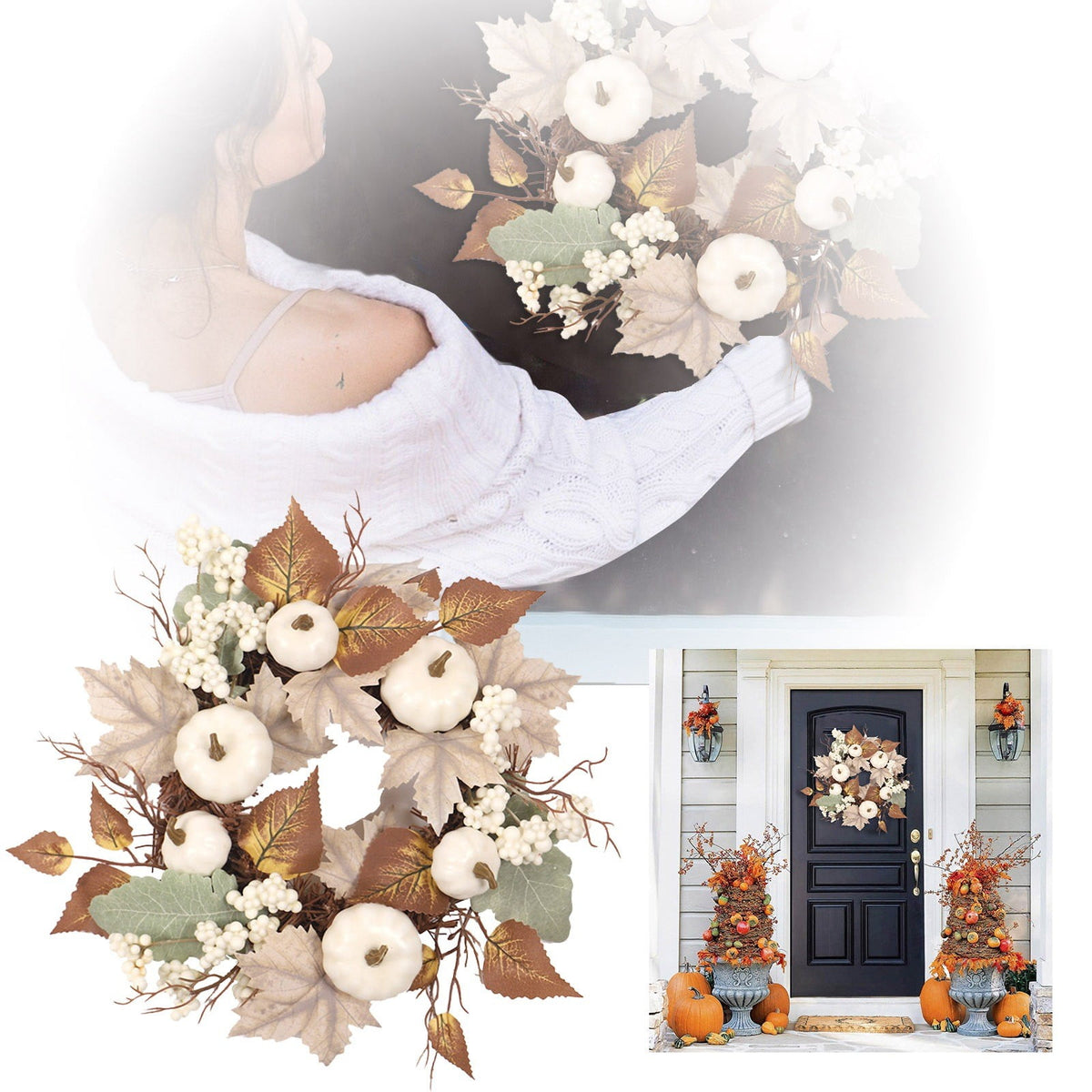 12 Inch Fall Wreath with Pumpkins & Maple Leaves - Autumn Harvest Wreath for Front Door, Thanksgiving & Halloween Farmhouse Decor