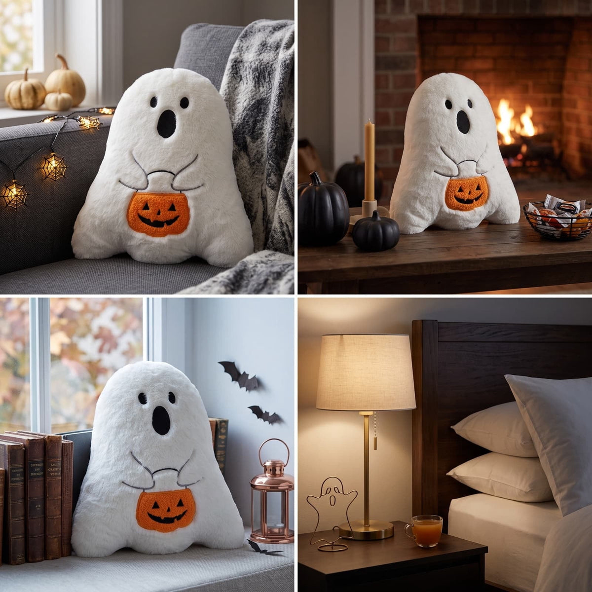 Cute Reading Ghost Plush Throw Pillow, Halloween Book & Pumpkin Bucket Ghost Stuffed Cushion, Spooky Season Decorative Pillow, for Sofa, Bedroom, Party Decor