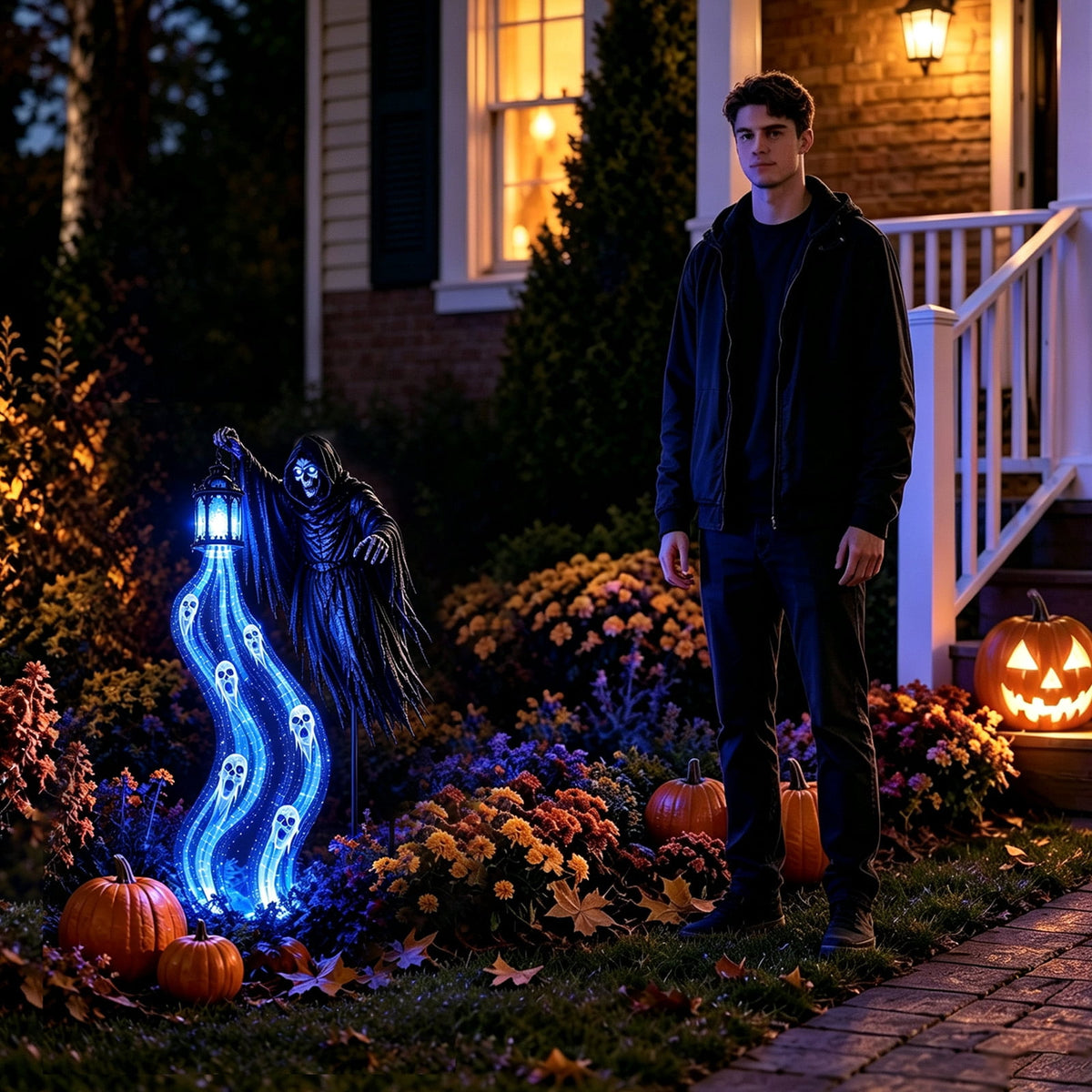 Halloween Soul Harvester Animated Solar Garden Stake Light, 31.5 Inch Grim Reaper Blue Ghost Light with Haunted Lantern, Spooky Outdoor Yard Decor for Lawn Walkway Garden