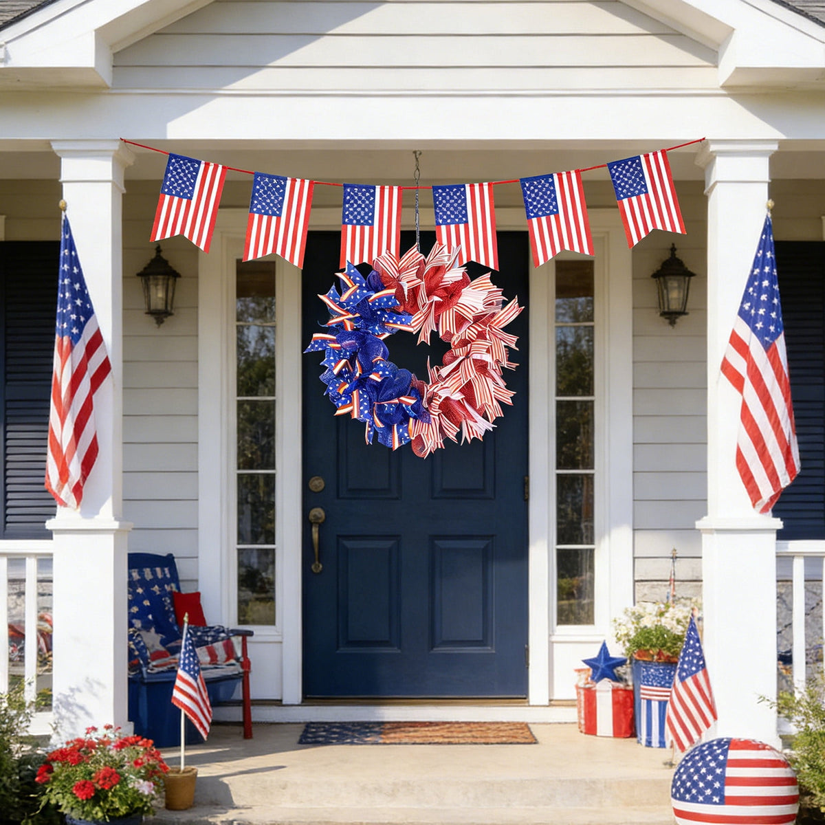 AZXY 20 Inch 4th of July Patriotic Wreath, Red White Blue Mesh Wreath with American Flag Star & Stripe Ribbons, Patriotic Americana Decor for Independence Day Memorial Day Front Door Indoor Outdoor