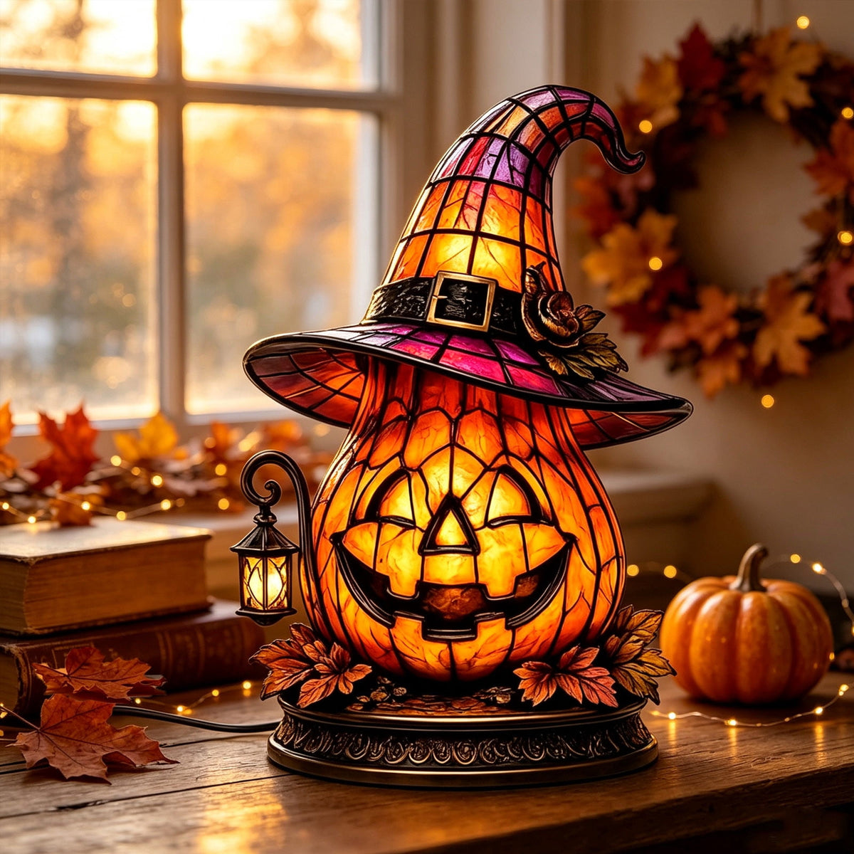BZPIZ Witch Hat Lamp Handcrafted Retro Resin Stained Witch Hat Desk Lamp Halloween Home Decor Gothic Wizard Hats Night Light for Bedroom & Bookshelf