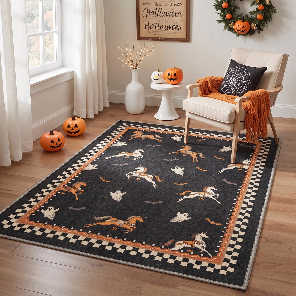 GENIMO 5'x7' Halloween Area Rug for Living Room, Washable Non Slip Soft Vintage Pumpkin Indoor Rug for Bedroom Dining Room Home Office, Antique Moss