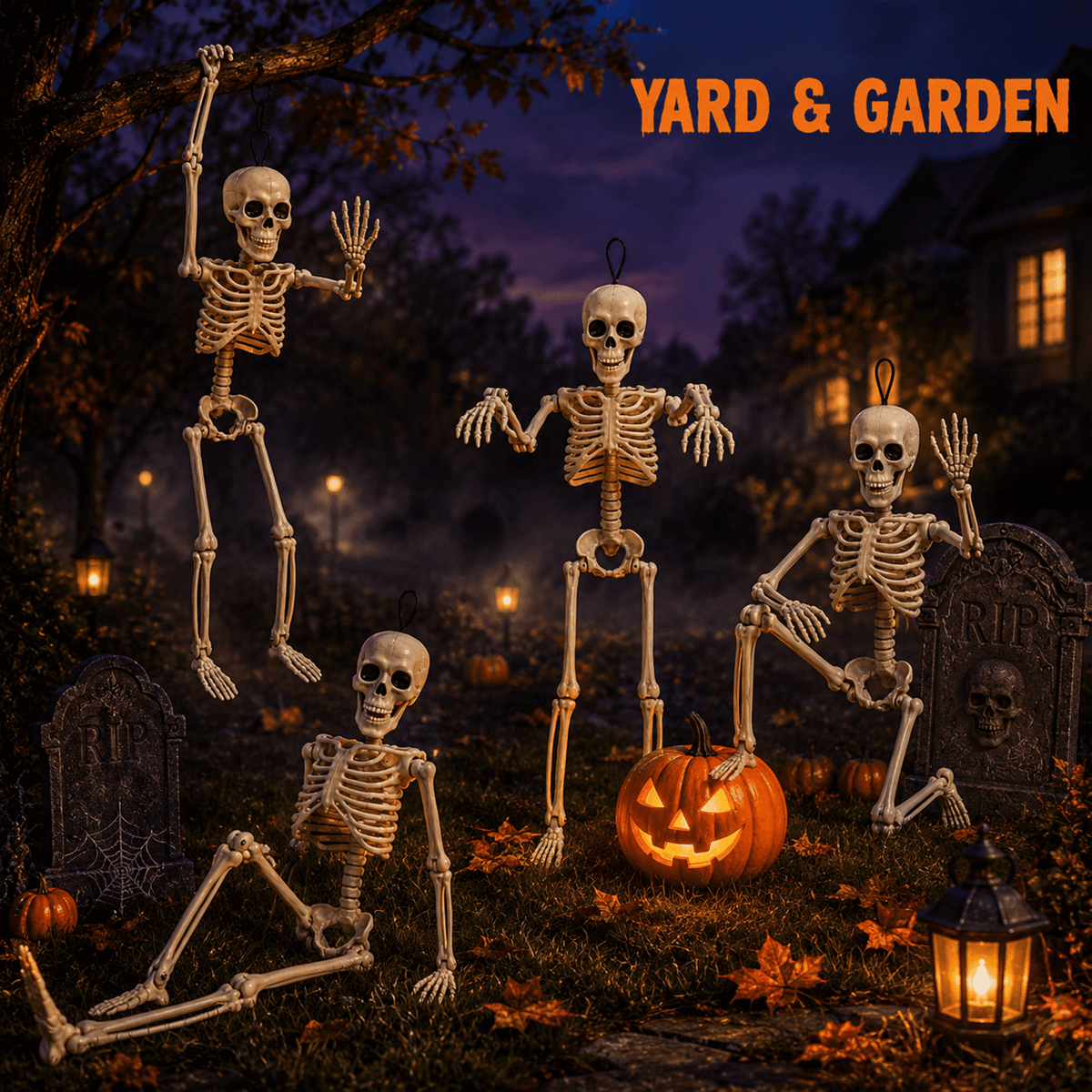 LOMYOLO 4 Pack Halloween Skeleton Decorations, 16 Inch Posable Hanging Skeletons with Movable Joints for Halloween Party, Haunted House, Graveyard, Yard, Porch, Indoor Outdoor Holiday Decorations