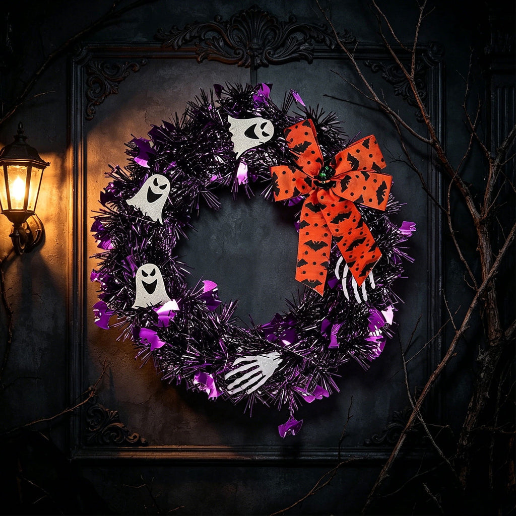 Hotyverty Halloween Wreath for Front Door, 13.77 Inch, Skull With Black Bow Wreath Halloween Decorations For Covered Outdoor Door & Farmhouse Gothic Home Ornament