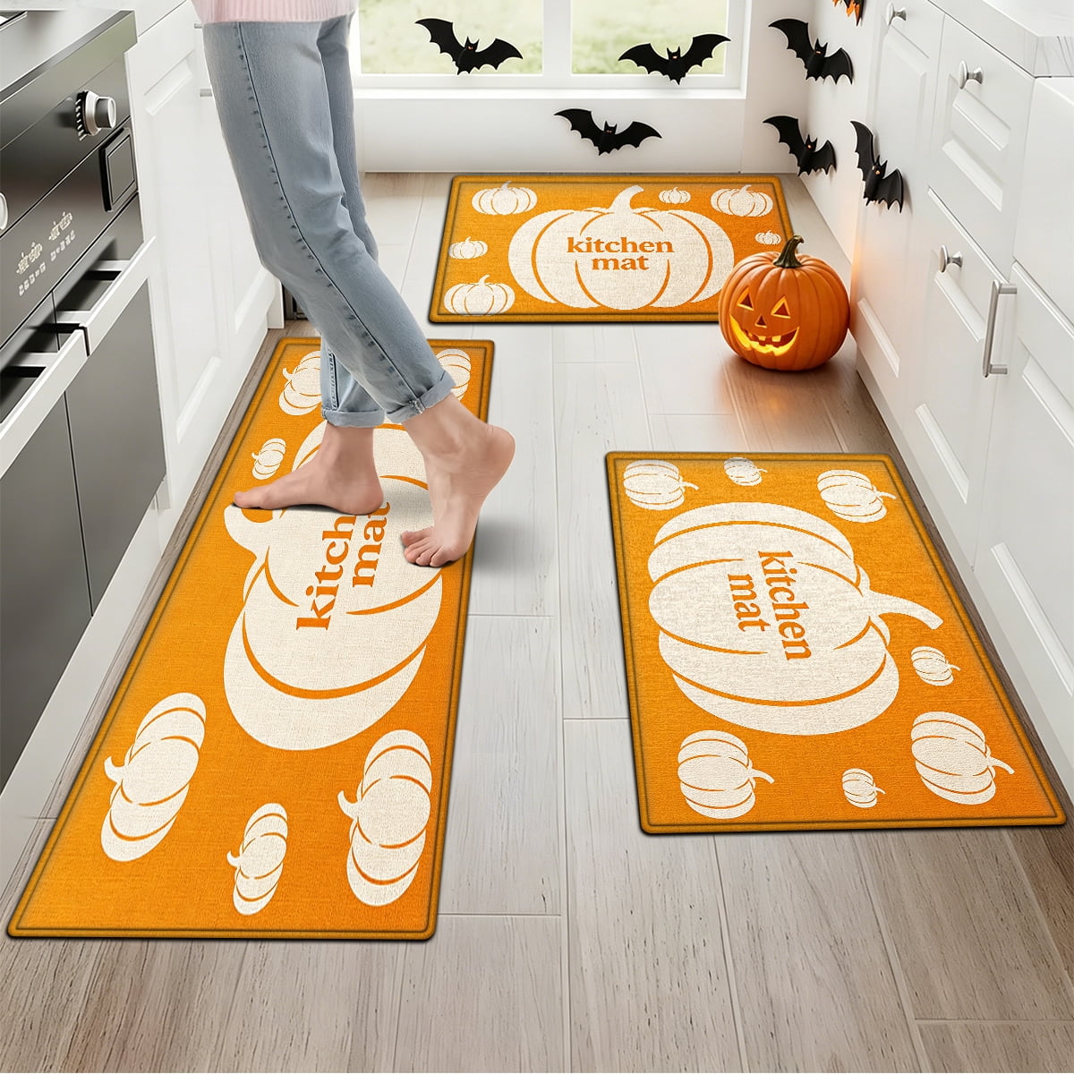 YIMEIS Halloween Orange Ghost Pumpkin Black Cat 1Pc Flannel Mat & Kitchen Rugs,Soft Non-slip,16''×24'' Inches,for Entryway Bathroom