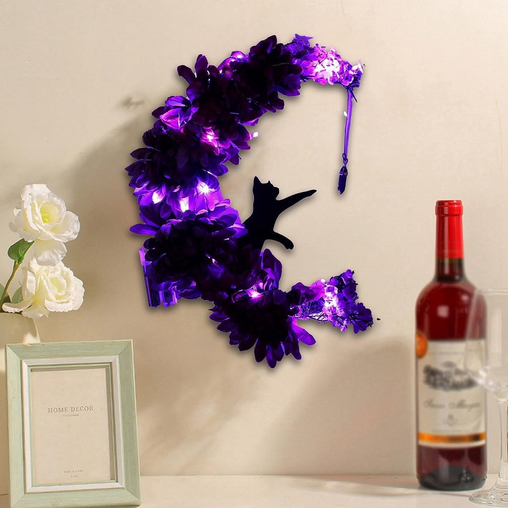 Wiher Halloween Wreaths Decor with Lights for Front Door, 13.77" Halloween Moon Wreath with Black Cat Wood Wreath Halloween Wreath Horror Decorations for Home Party Window Wall Indoor Outdoor B