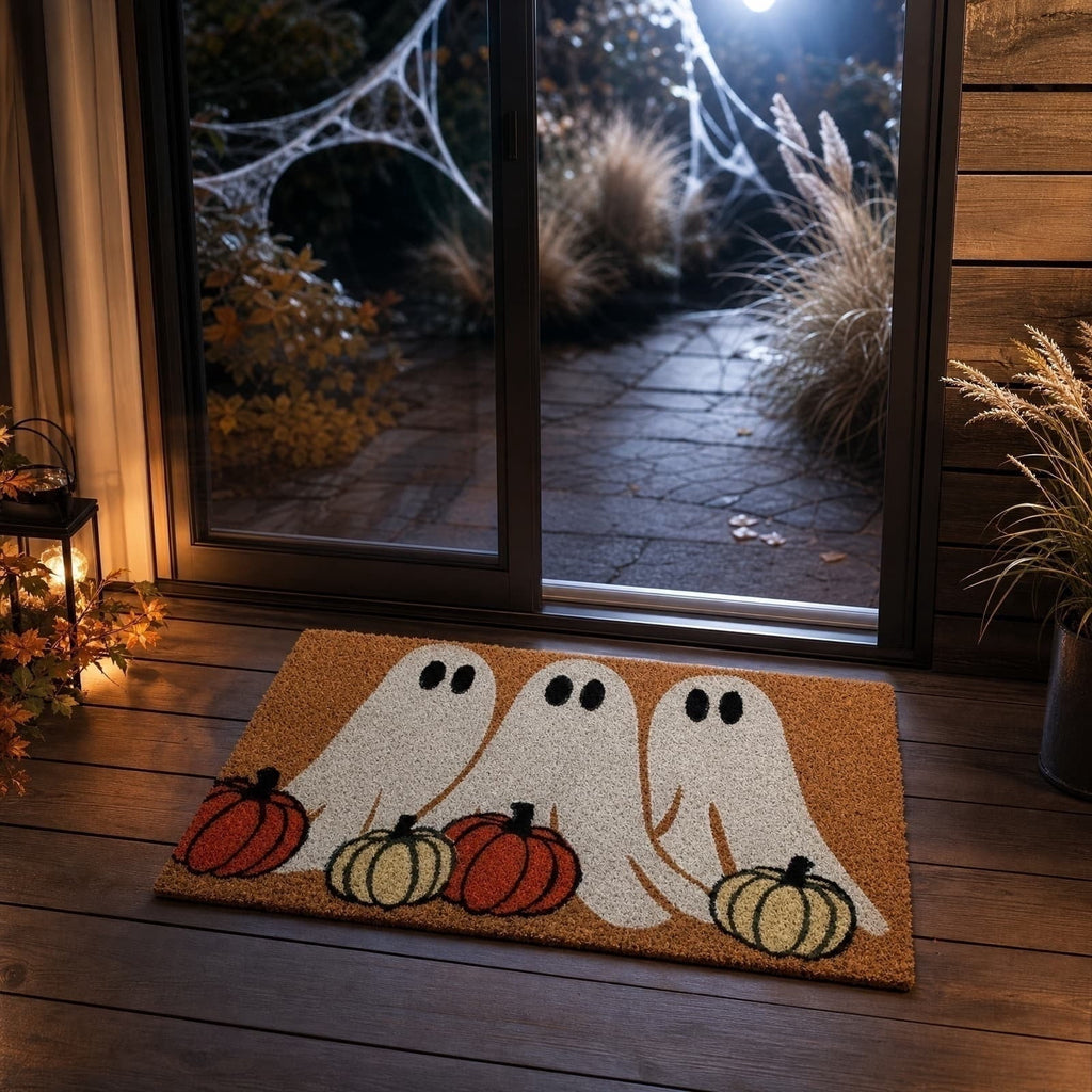 romoty Halloween Ghost Door Mat 28" x 16", Spooky Shroud Phantom & Pumpkin Border Print Non-Slip Entryway Rug for Front Porch Outdoor Floor Decor