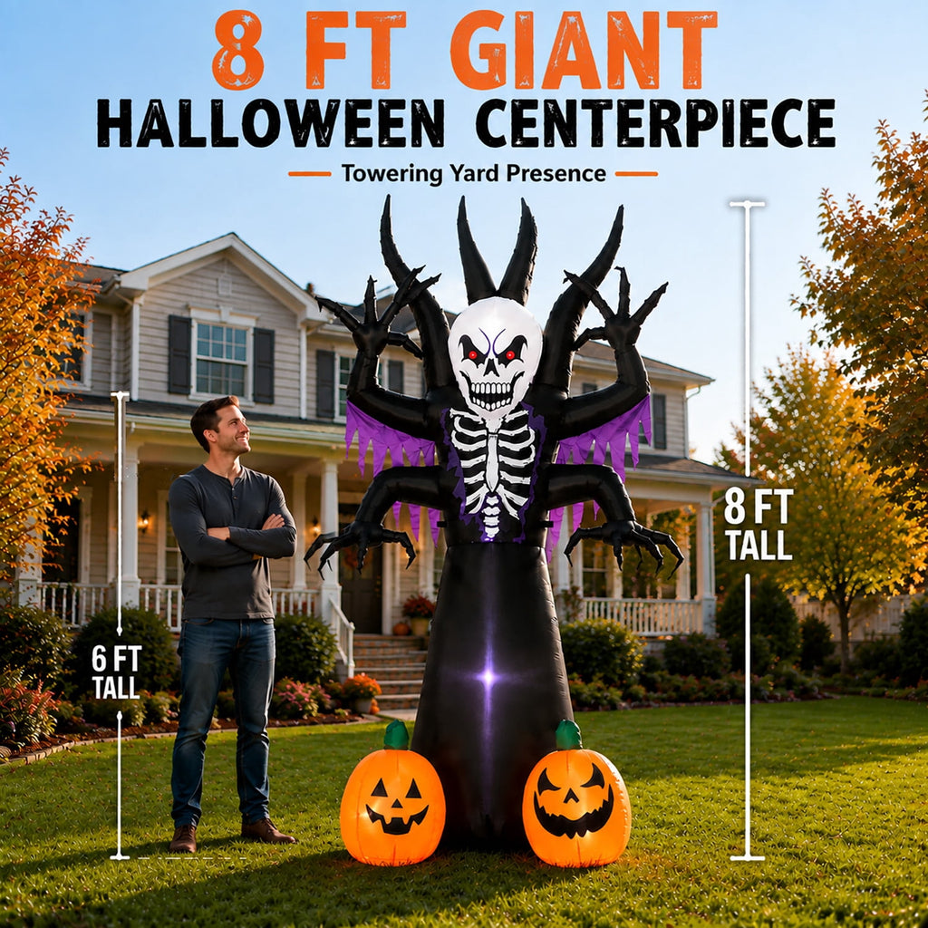 Toiyjofe 8ft Halloween Inflatable Skeleton Tree with LED Lights, Spooky Lighted Outdoor Yard Decoration with Grim Reaper & Pumpkins
