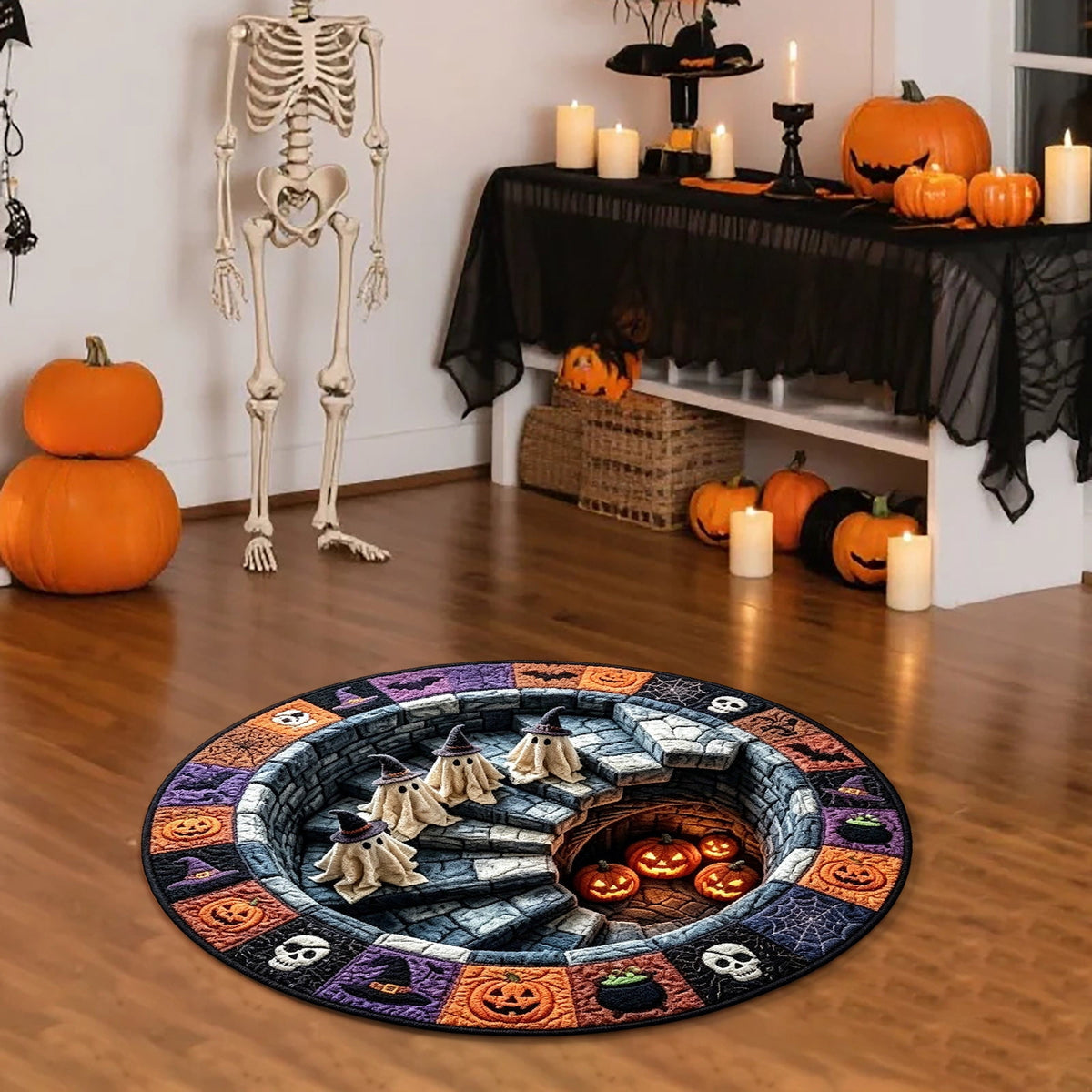 3D Optical Illusion Halloween Round Rug – Spooky Ghost Pumpkin Design, Non Slip Rubber Backing Doormat for Entryway Bedroom, Machine Washable Floor Mat Home Decor