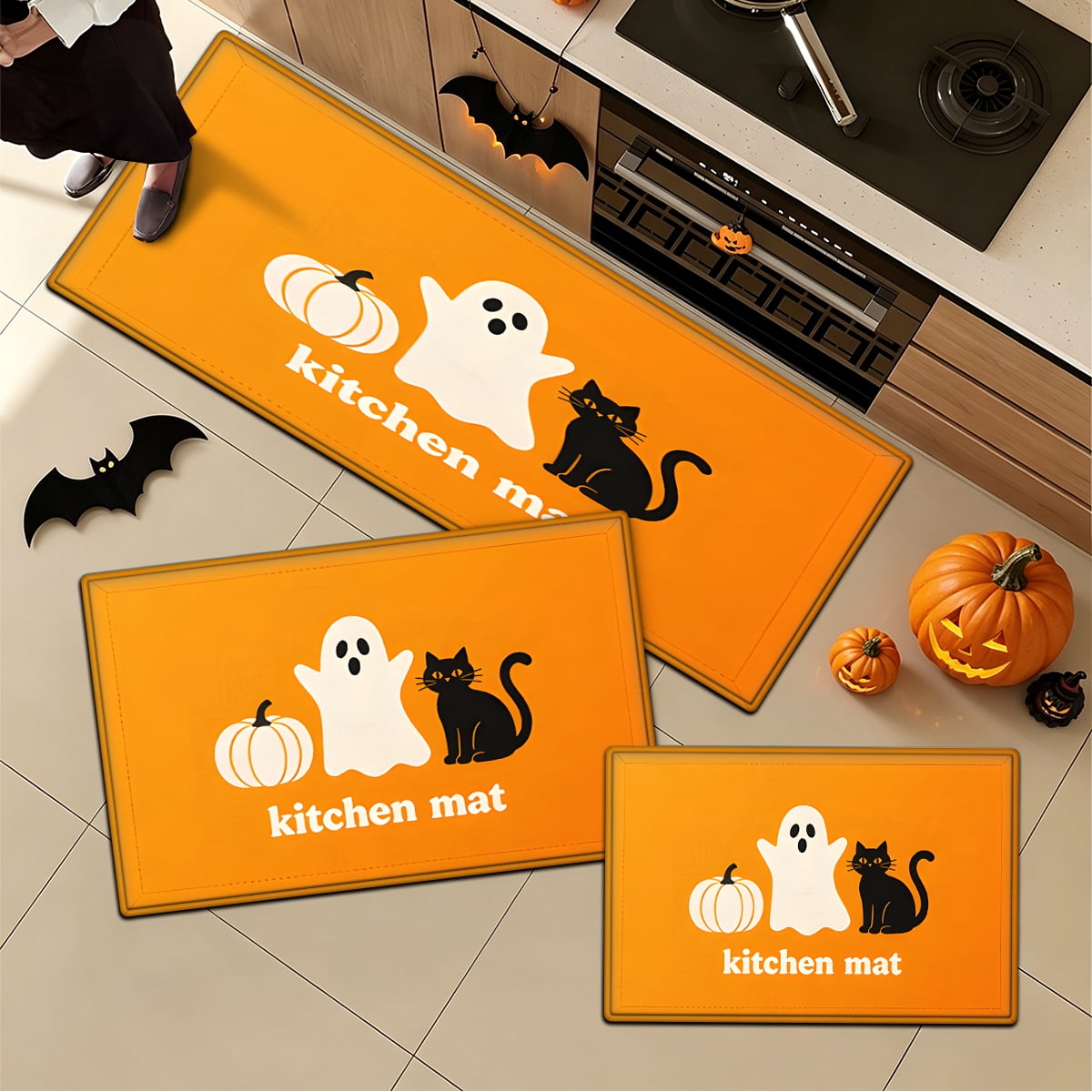YIMEIS Halloween Orange Ghost Pumpkin Black Cat 1Pc Flannel Mat & Kitchen Rugs,Soft Non-slip,16''×24'' Inches,for Entryway Bathroom