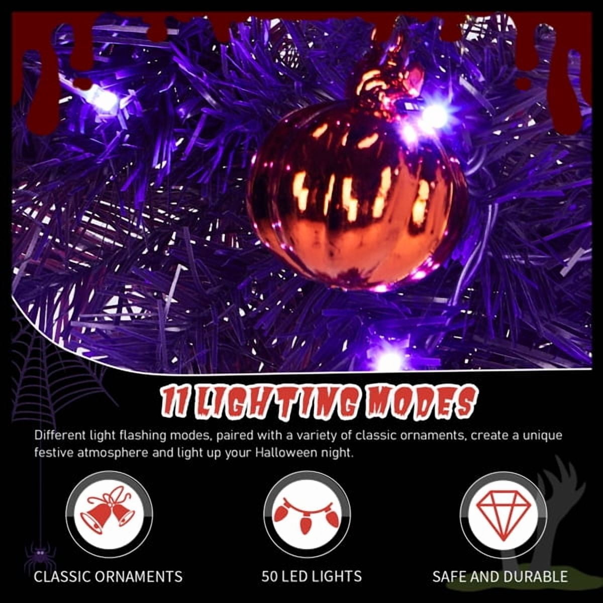 24" Halloween-Themed Christmas Wreath - Purple Pre-Lit Wreath with 50 Purple/Orange LEDs, 100 PVC Tips, DIY Ornament Pack for Indoor/Outdoor Decor