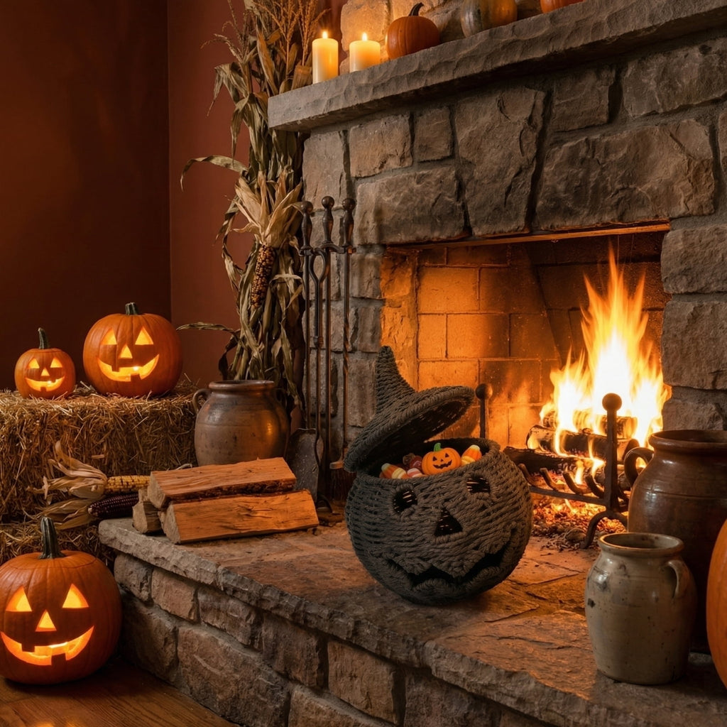 THOPBPRK 2026 Black Halloween Woven Pumpkin Jack-O'-Lantern, Halloween Decorations Pumpkin, USE LED Candle, Rattan Fall Halloween Decor for Home, 1Pack 11.8 Inch A