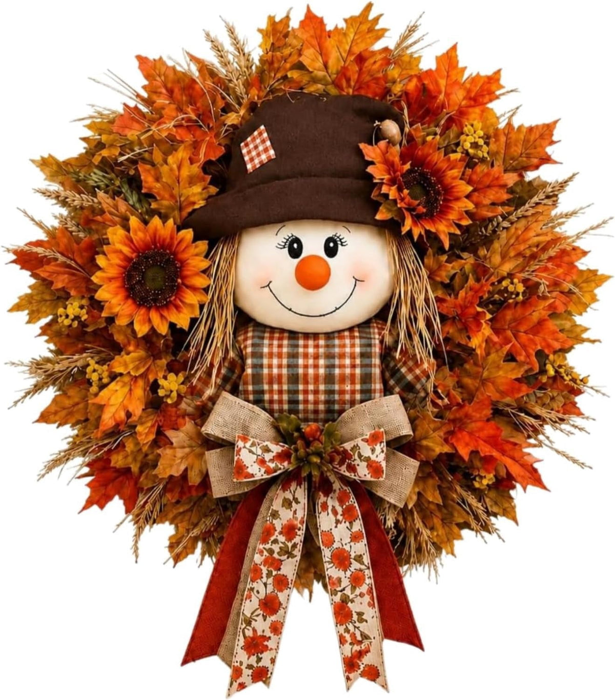 Lighted Scarecrow Halloween Fall Wreath for Front Door, Autumn Harvest Decor, Sunflower Maple Wreath, Warm LED and Farmhouse Burlap Bow & Leaf