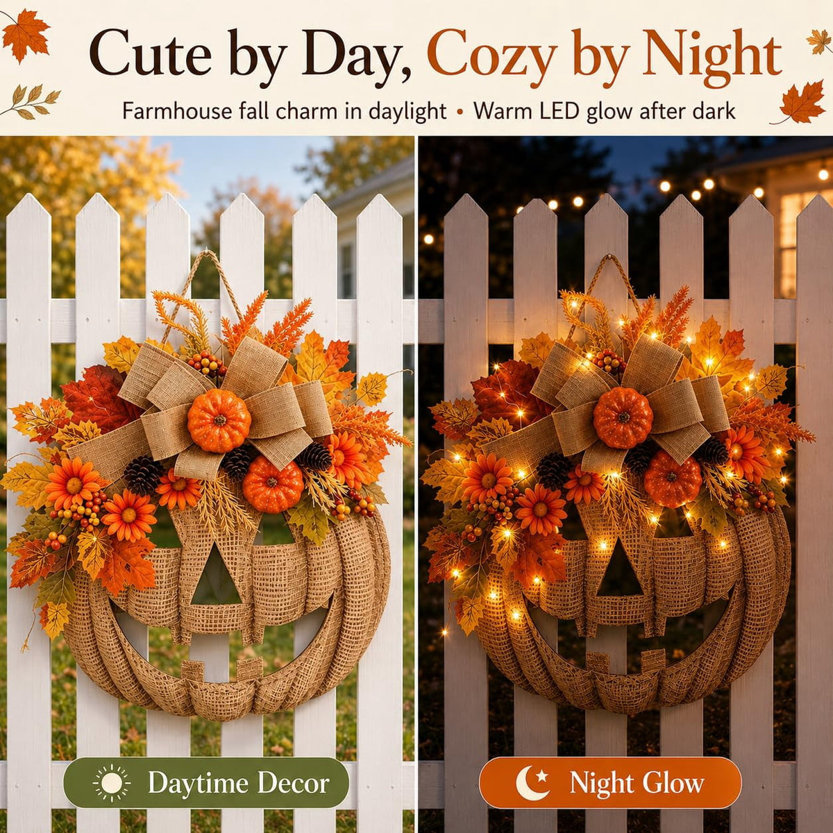 Lighted Burlap Pumpkin Wreath, 13.78-Inch LED Fall Door Decor with Wooden Pumpkin,Burlap Bow,Maple Leaves and Berries for Halloween Thanksgiving Porch