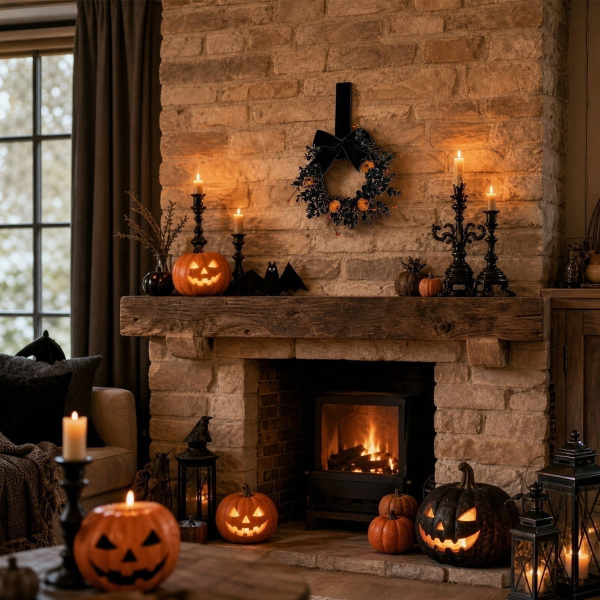 Halloween Wreath for Front Door, Pumpkin and Black Foliage Decorative Wreath with Hanging Ribbon, Reusable Seasonal Wall Decor for Entryway Mantel Porch Gothic Halloween Display