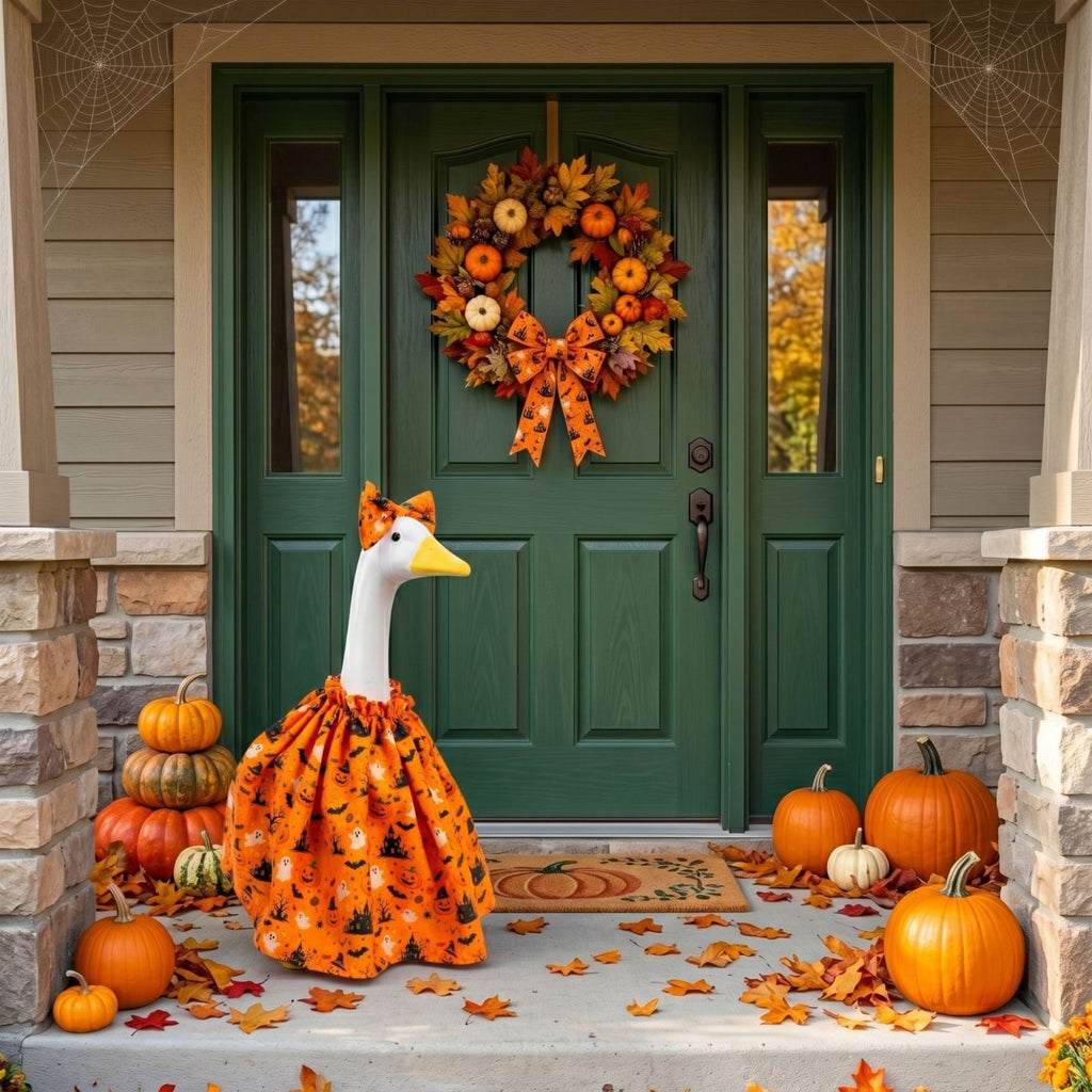 Halloween Garden Porch Decor, Porch Goose Outfits Halloween, 23 Inch Porch Goose Outfits, Witch Dress and Hat Set, Fits 23X11X26 Inch Standing Plush Goose for Front Porch Lawn