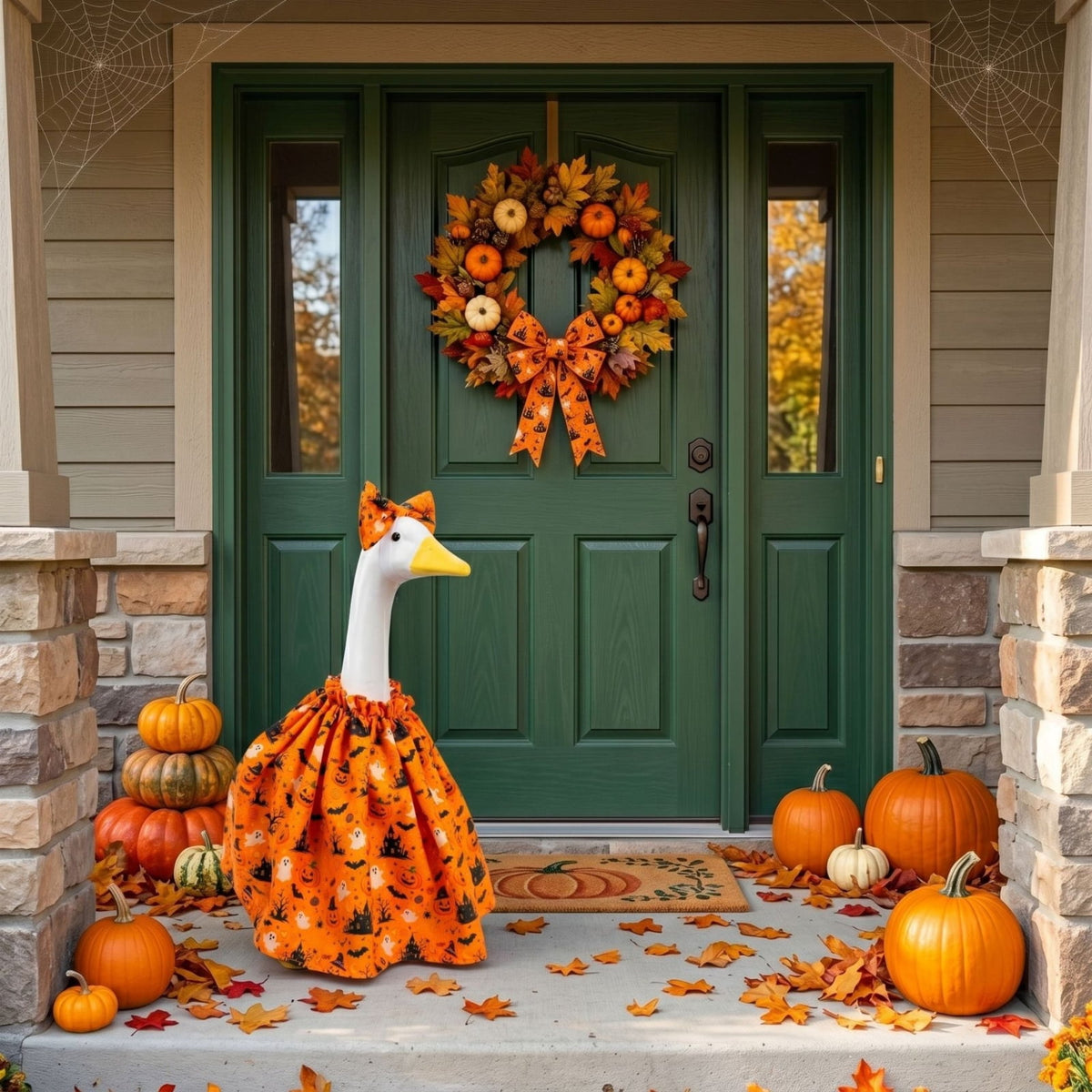 Halloween Garden Porch Decor, Porch Goose Outfits Halloween, 23 Inch Porch Goose Outfits, Witch Dress and Hat Set, Fits 23X11X26 Inch Standing Plush Goose for Front Porch Lawn