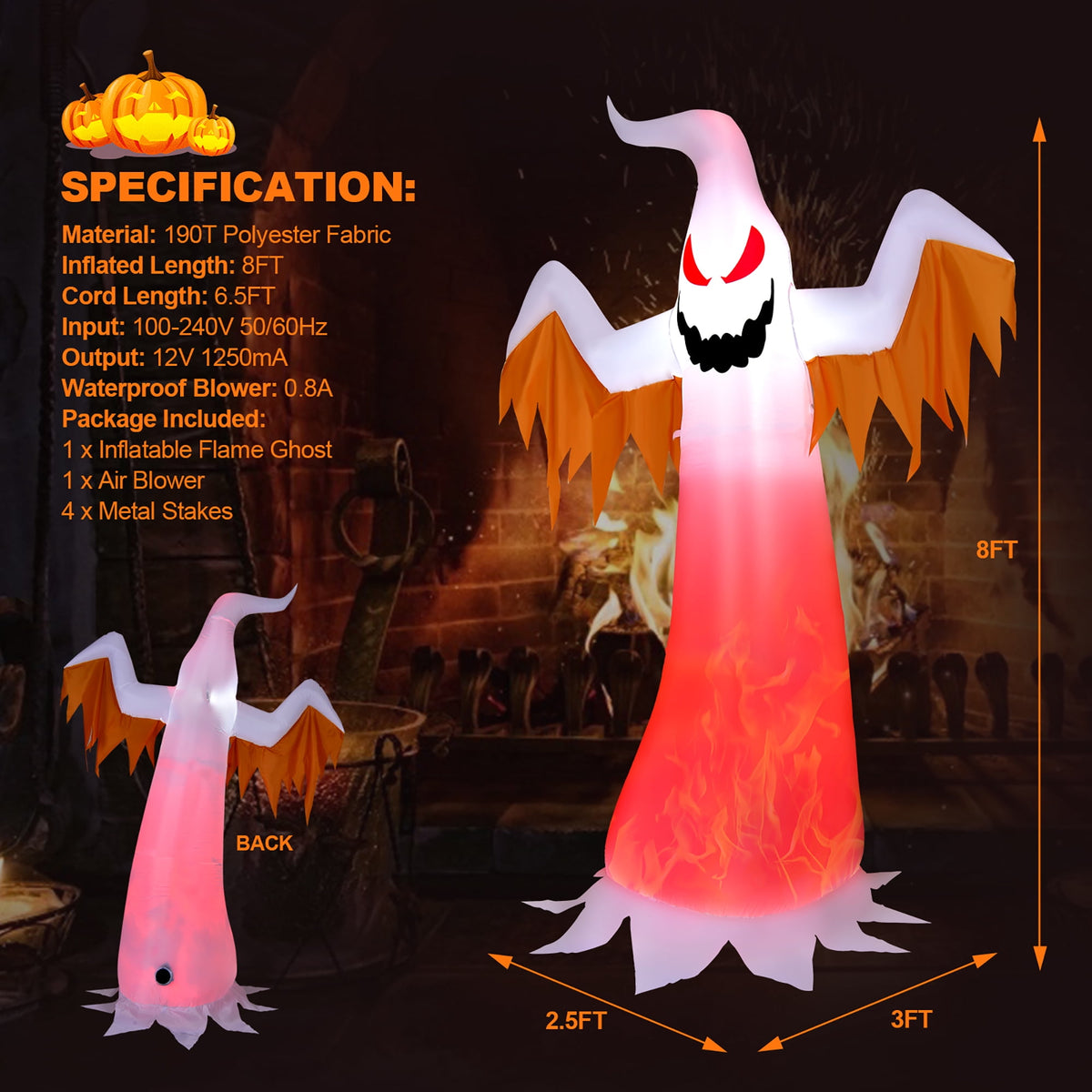 Costway 8 FT Halloween Inflatable White Ghost with Rotatable Flame LED Lights
