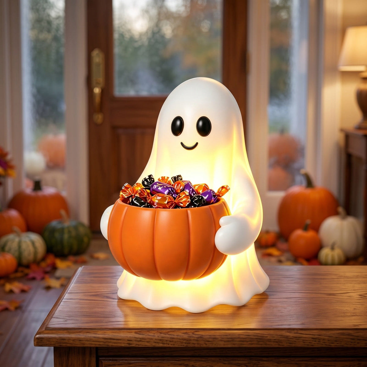 Halloween Decoration Ghost Figurine 11in Resin Ghost Statues with Pumpkin Candy Bowl for Outdoor Indoor Front Door, Porch Yard Lawn Party Decor