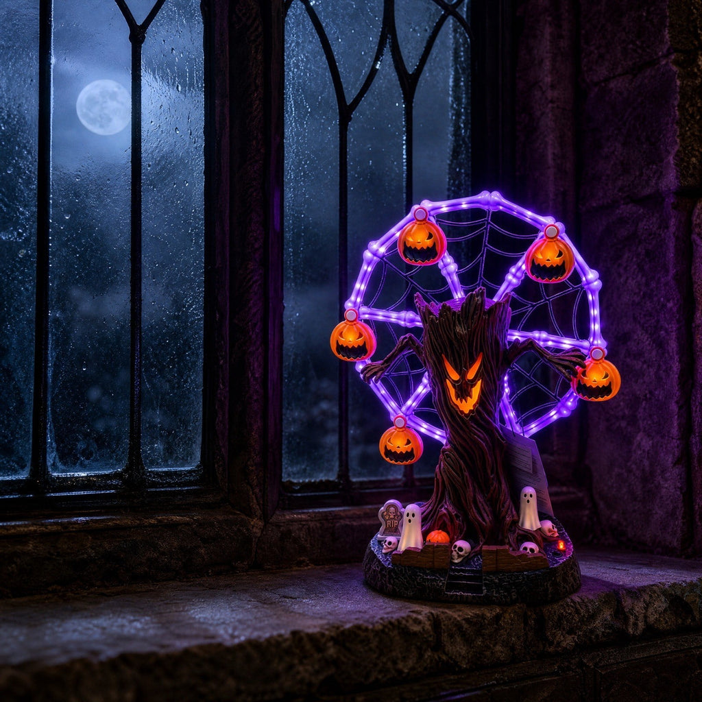 Hanging Solar Lights, Garden, Animated Halloween Ferris Wheel Tabletop Decor with Purple LED, Moving Skeleton Cauldrons, Spooky Tree Centerpiece for Party