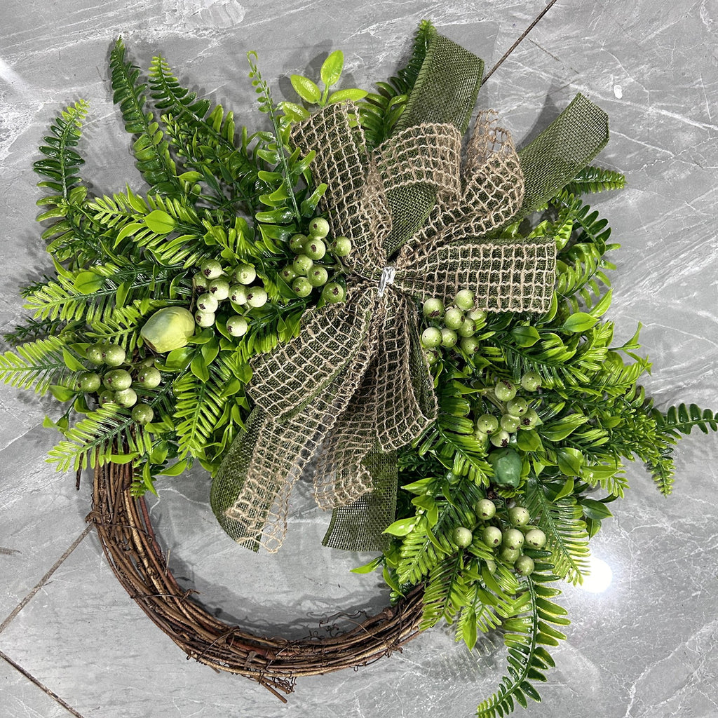 15 Inch Spring Wreath for Front Door, Artificial Welcome Wreath with Green Pods Plants Branches Vines, Rustic Style Decor for Home Yard Room Office Party Festival Indoor Outdoor