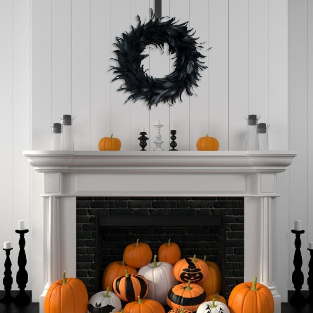 16" Black Feather Wreath Halloween Wreath Handmade Black Wreath for Front Door Porch Mantel Fireplace Window Wall Indoor Outdoor Halloween Christmas Winter Birthday Decoration