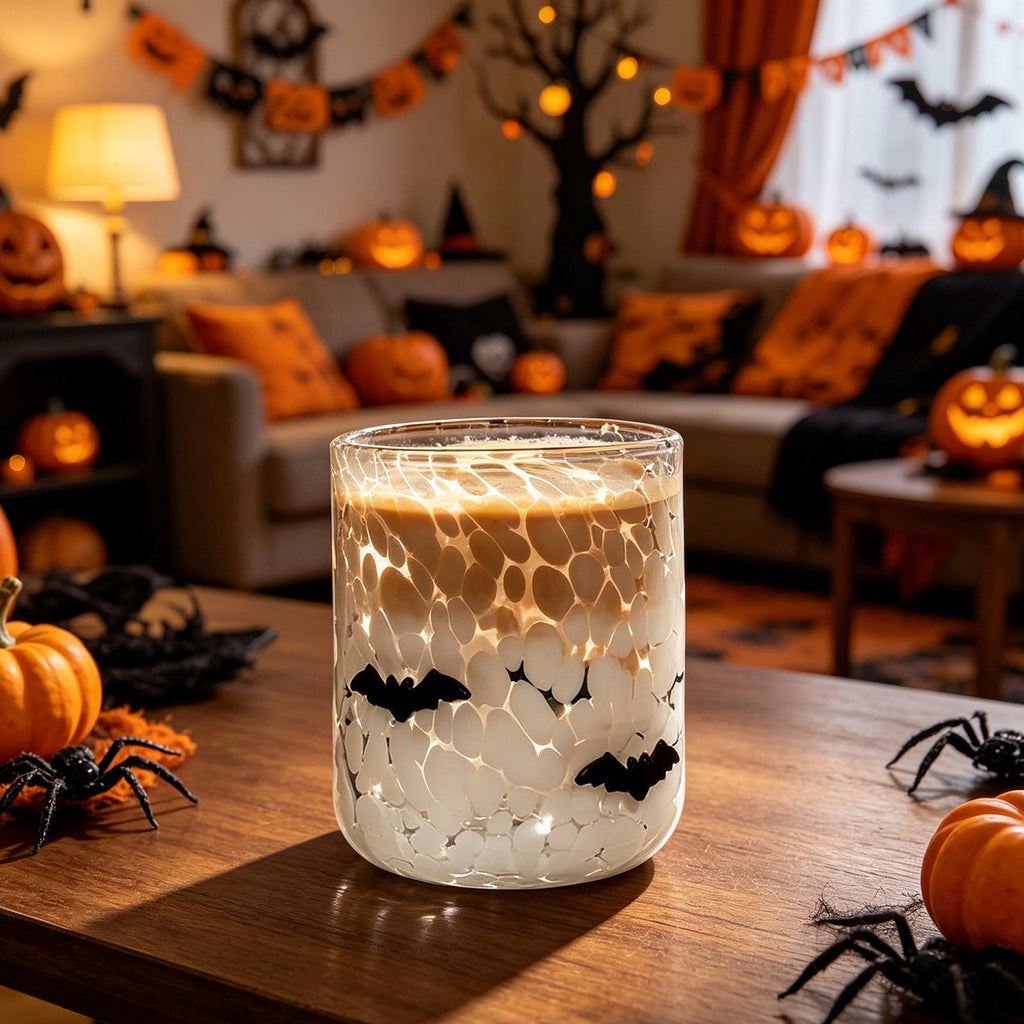 Qocolcyl Halloween Icon Glass Cups - 3.5x4.7in Ghost Bat Snake Pumpkin Icon Juice Stemless Wine Glasses Double Old Fashioned Hand Blown Drinking Cups for Halloween Party Gift