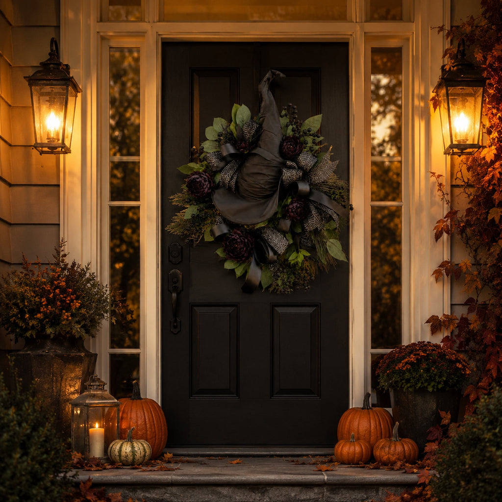 Luckky Black Rose Witch Hat Front Door Wreath,Elegant Spooky Halloween Door Decor with Spider Web Ribbon,Creepy Stylish Wreath for Home Accent,Gothic Themed Party & Indoor Room