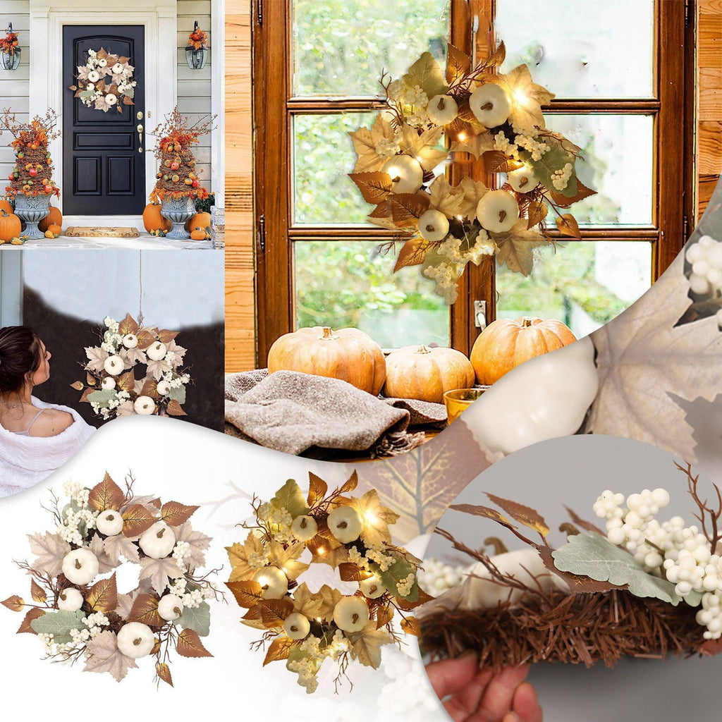 12 Inch Fall Wreath with Pumpkins & Maple Leaves - Autumn Harvest Wreath for Front Door, Thanksgiving & Halloween Farmhouse Decor
