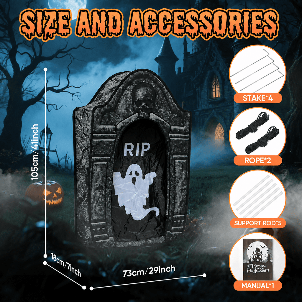 Toiyjofe 3.5ft Large Halloween Tombstone Decoration with LED Skull Eyes, Battery Powered Foldable Graveyard Decor for Lawn, Garden & Haunted House
