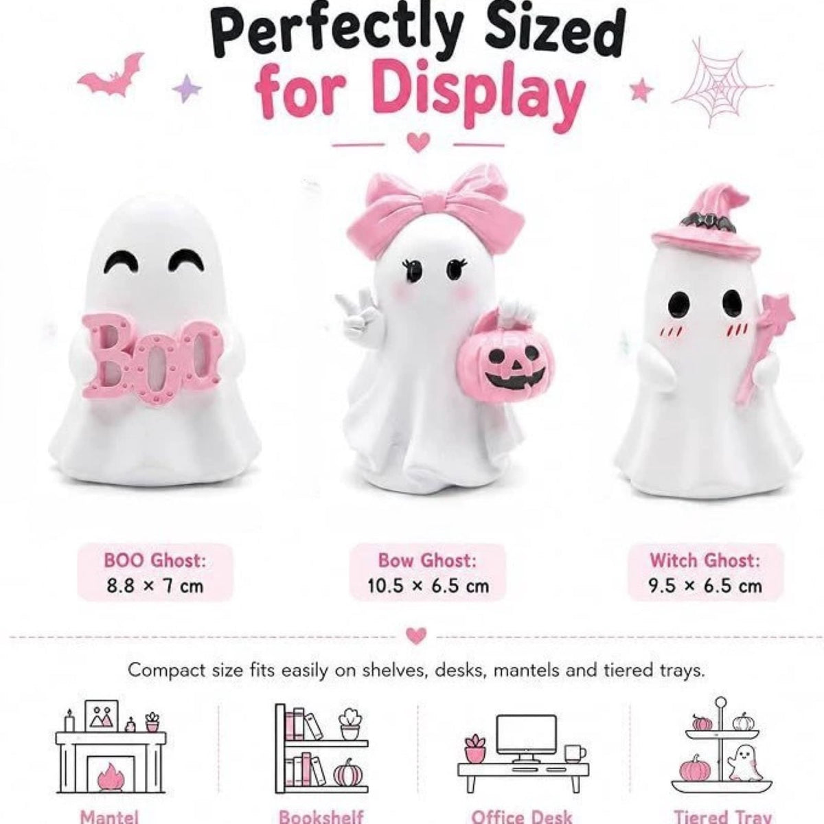 Pink Halloween Decor Ghost Candy Bowl Figurine with Bow and Scalloped Holder for Indoor Tabletop Decor and Party Favor Display