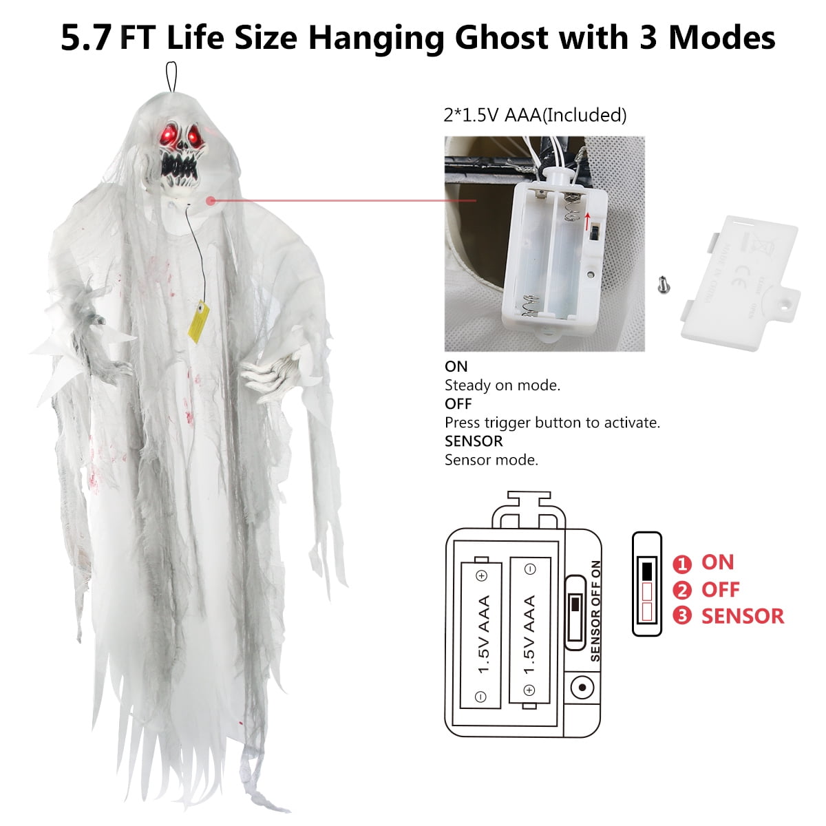 Gamexcel 5.7 ft Halloween Hanging Grim Reaper, Black Skeleton Ghost with Sensor-Activated LED Eyes and Sound, Indoor and Covered Outdoor Decor