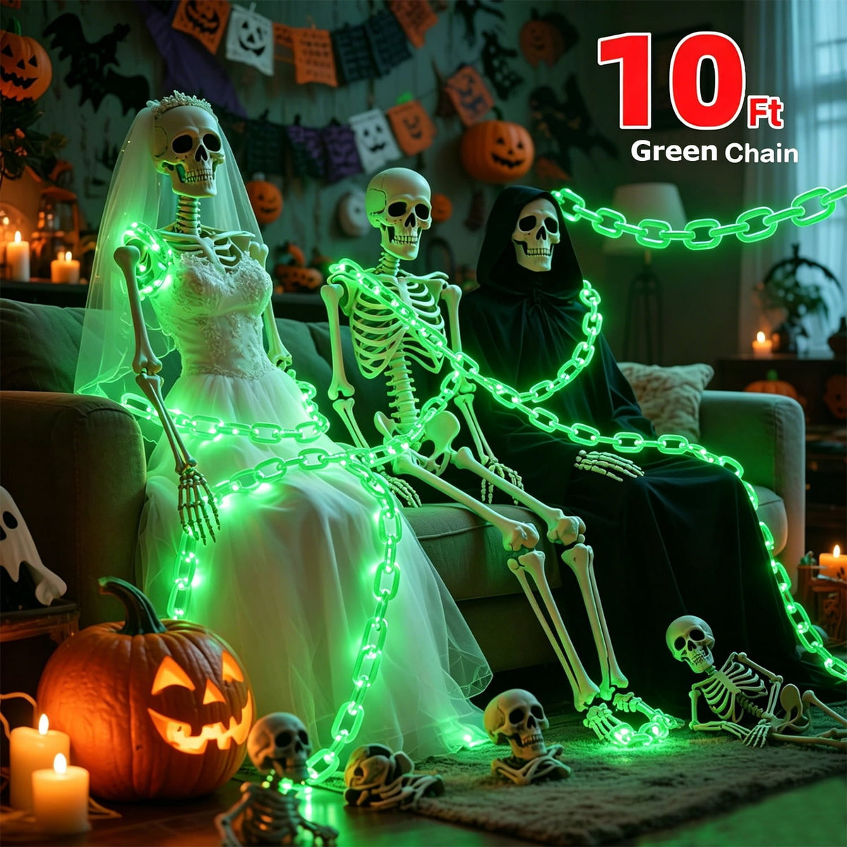 10Ft Battery Operated Plastic Chain Lights for Halloween Decorations, 8 Modes Timer Orange Halloween String Lights Waterproof Lighted Props Chains for Skeleton Dog, Haunt House,Costumes Party Decor