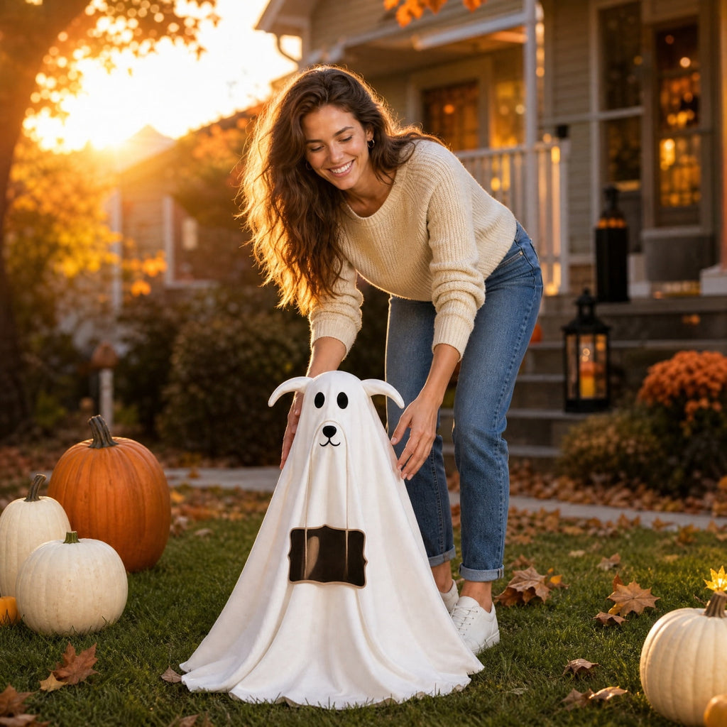 Light Up 2.1 Ft Ghost Walking Dog 2 Pcs, Halloween Ghost Decoration, Adjustable Standing Porch Yard Lawn Decor, Modern Farmhouse Halloween Yard Decor (A)