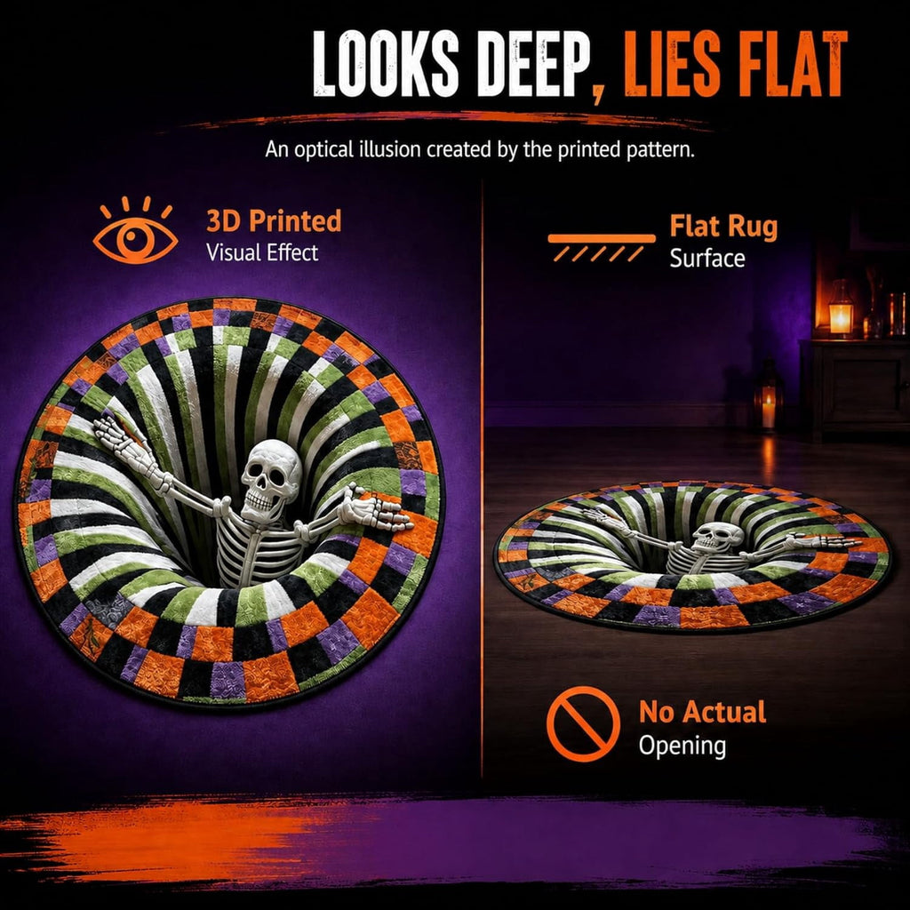 3D Halloween Rug, skeleton vortex quilted round Mat (#B,140 cm / 55.1 in) | 3D Candy Corn Abyss Quilted Round Mat with Spooky Depth Design Crystal Velvet Soft & Durable Fabric Non-slip