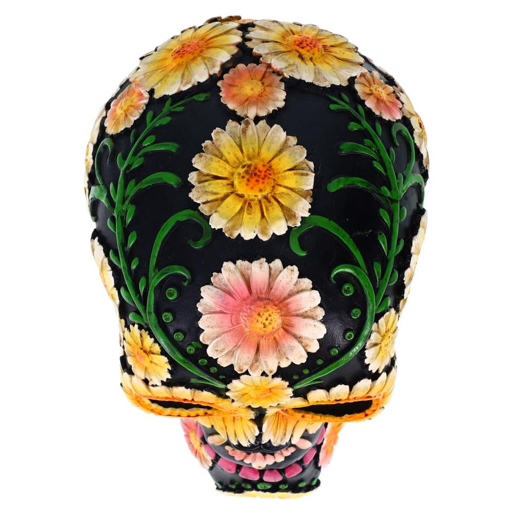Resin Sugar Skull Black Day of the Dead Skull 2 P754754 - Sunflower Halloween Decoration Gothic DOD Skeleton Head Dia de los Muertos - Sunflowers