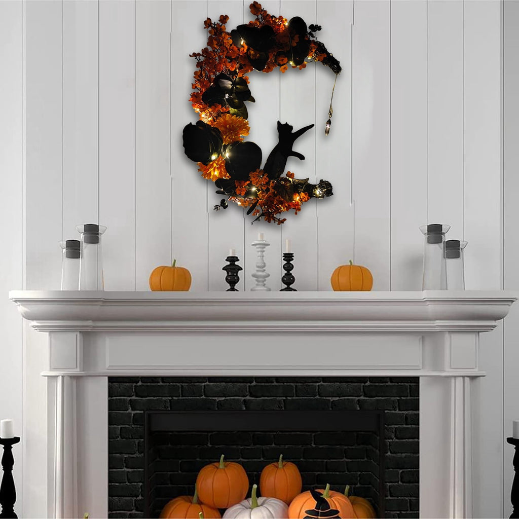 Halloween Moon & Cat Wreath with Lights - Gothic Black Branch Wreath for Front Door, Indoor/Outdoor Spooky Decor with LED Illumination