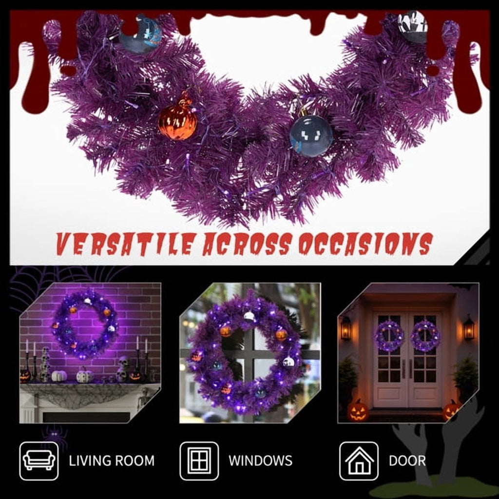 24" Halloween-Themed Christmas Wreath - Purple Pre-Lit Wreath with 50 Purple/Orange LEDs, 100 PVC Tips, DIY Ornament Pack for Indoor/Outdoor Decor