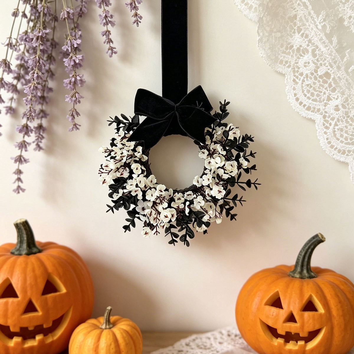 FXMLRLK 1 Pack Halloween Cabinet Wreaths with Ribbon Bows Artificial Flowers Kitchen Wreath for Window Front Door Farmhouse Wall Halloween Decorations, Blue