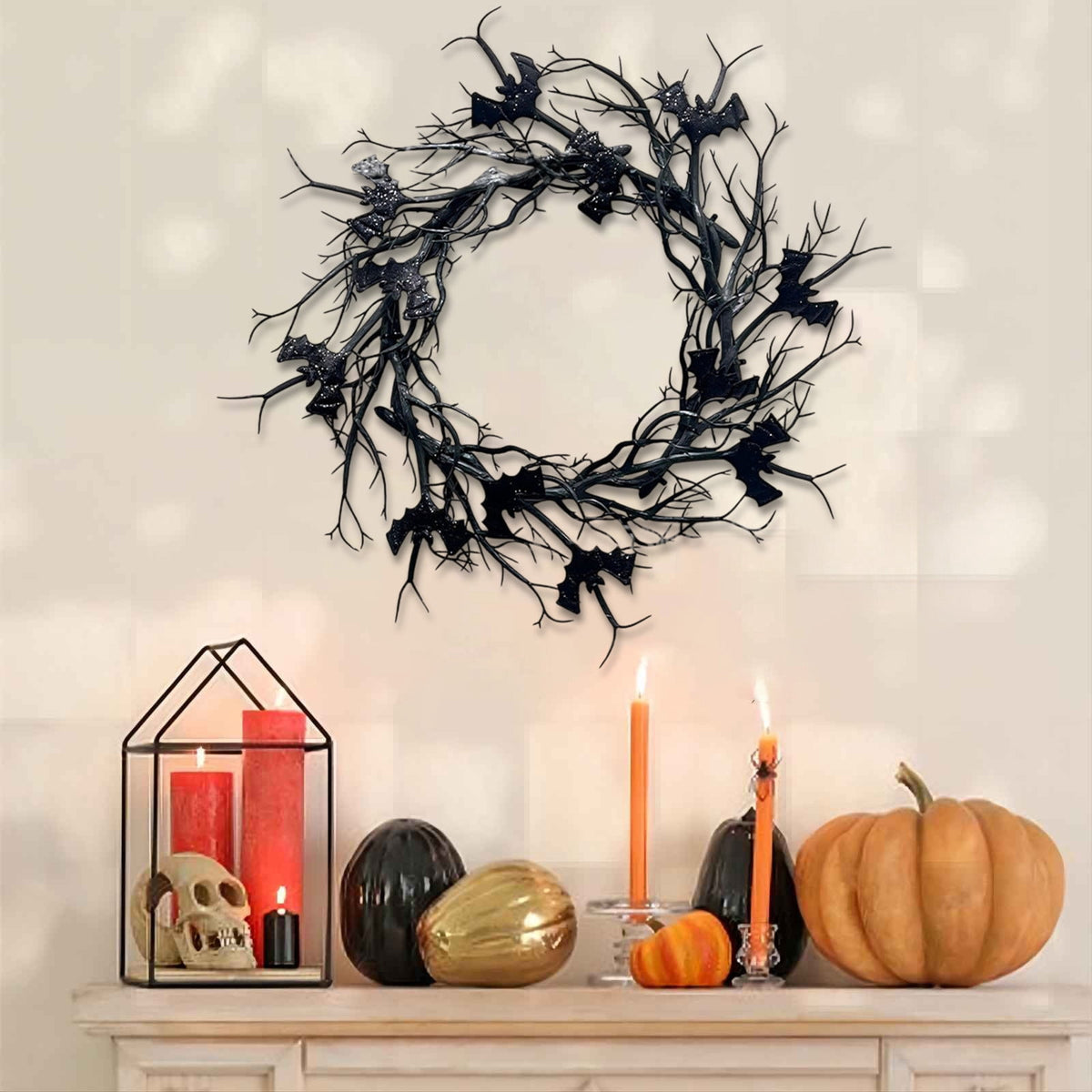 Halloween Wreath, Black Twig Wreath for Front Door, Artificial Spooky Branch Decor for Indoor Outdoor Home Party, Wall Hanging Ornament