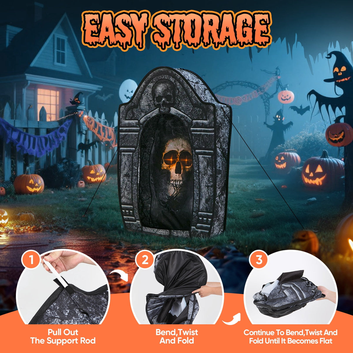 Toiyjofe 3.5ft Large Halloween Tombstone Decoration with LED Skull Eyes, Battery Powered Foldable Graveyard Decor for Lawn, Garden & Haunted House